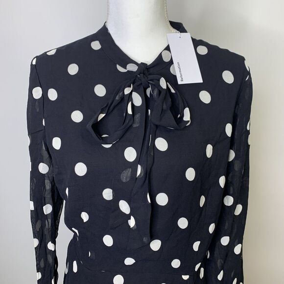 Reformation Fox Dress ES Sz 12 L Black White Polka Dot Mini Tie Neck Ruffl… - Picture 4 of 11